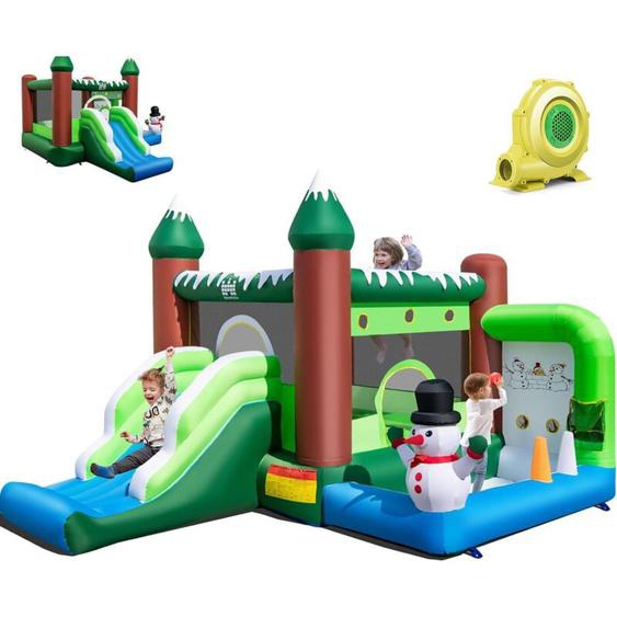 Costway - Château Gonflable sur Thème de lhiver avec Toboggan & Souffleur 735W, Maison de Saut Gonflable avec Panier & Lancer dAnneaux, Intérieur