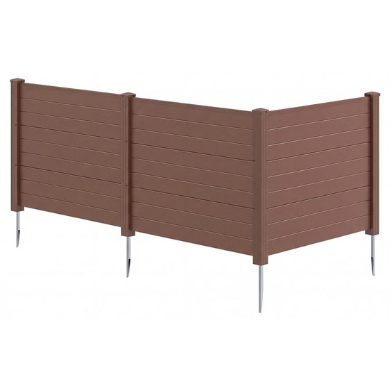 COSTWAY - Clôture de jardin 3 éléments 122 x 95 cm, clôture avec 4 poteaux, brise-vue en PP et métal, clôture à emboîter à lamelles, brise-vue autoportant, marron