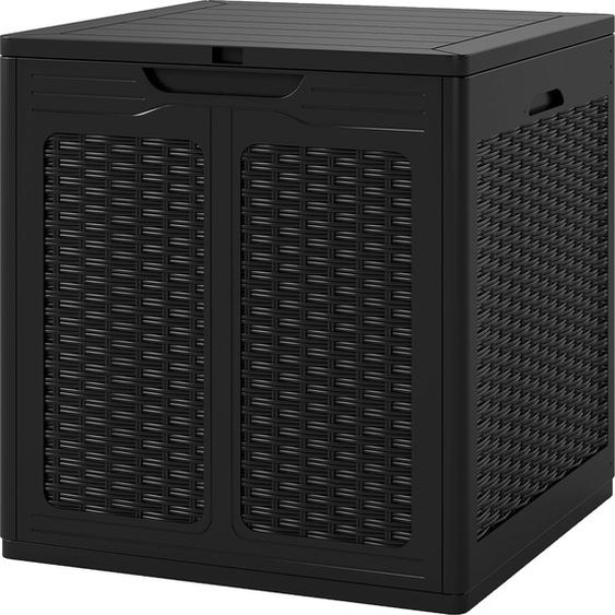 COSTWAY Coffre de jardin 145L, Coffre à coussins avec couvercle verrouillable & aspect rotin, Coffre de rangement Coffre à coussins résistant aux intempéries pour piscine, jardin, terrasse Noir