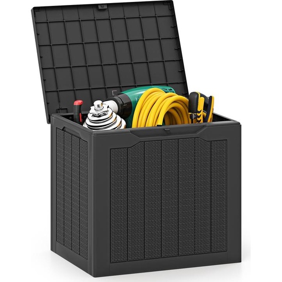 COSTWAY Coffre de jardin 96L, Coffre à coussins avec couvercle verrouillable & aspect rotin, Coffre de rangement Coffre à coussins résistant à leau pour accessoires de piscine Outils de jardin Noir