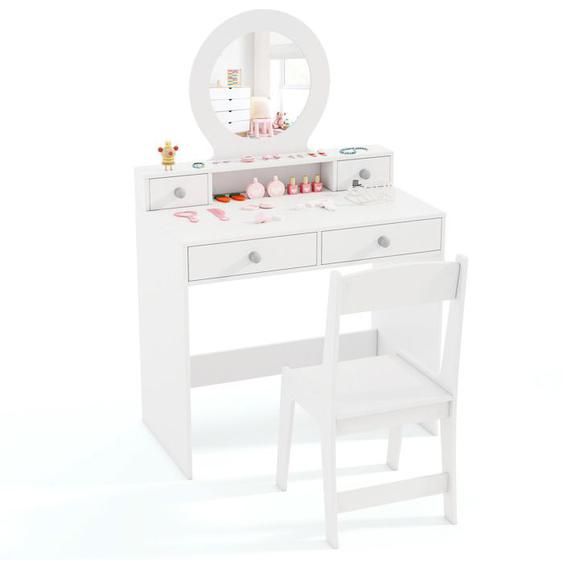 COSTWAY Coiffeuse Enfants 3 Ans+ avec Chaise et Miroir Acrylique, Etagère Ouverte et 4 Tiroirs de Rangement, Blanc
