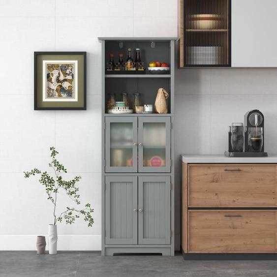 COSTWAY Colonne Salle de Bain, Armoire Haute à 4 Portes avec 2 Compartiments Ouverts, Étagères Réglables, 60 x 30 x 163 cm, Gris