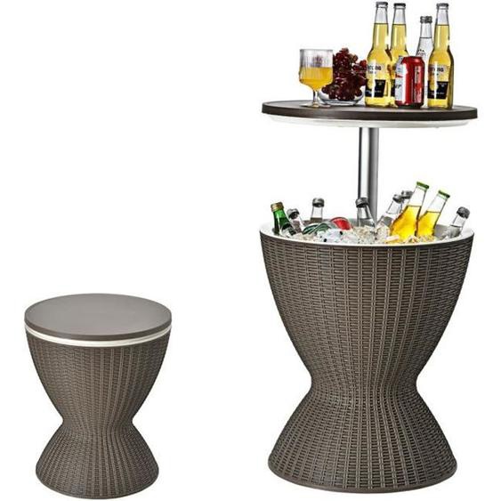 COSTWAY Cool Bar 30L Table Basse 2 en 1 avec Plateau Relevable Ø 43 x 57,5-82H cm Imitation Rotin pour Fêtes Terrasses Jardins Brun