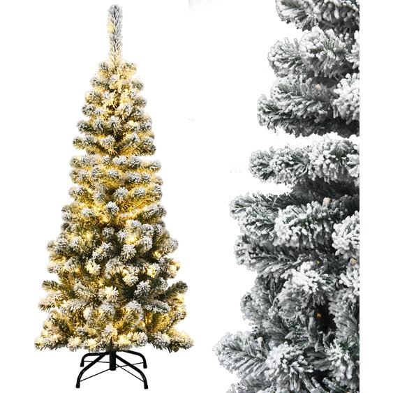 COSTWAY Crayon Sapin de Noël 135cm, Sapin artificiel 242 aiguilles PVC avec neige, Sapin de Noël artificiel avec 150 LEDs blanc chaud & support métallique