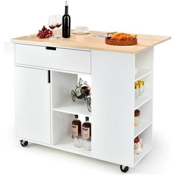 COSTWAY Desserte/Chariot à Roulettes avec Comptoir en Bois de Caoutchouc Pliable Ilot Central Cuisine avec Porte-épices Blanc