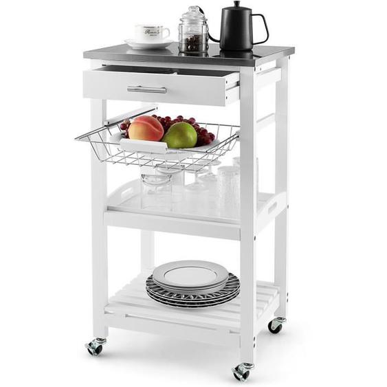 COSTWAY Desserte Cuisine à Roulettes avec Tiroir et Panier en Fil Métallique, Chariot de Service avec Plateau en Acier Inoxydable