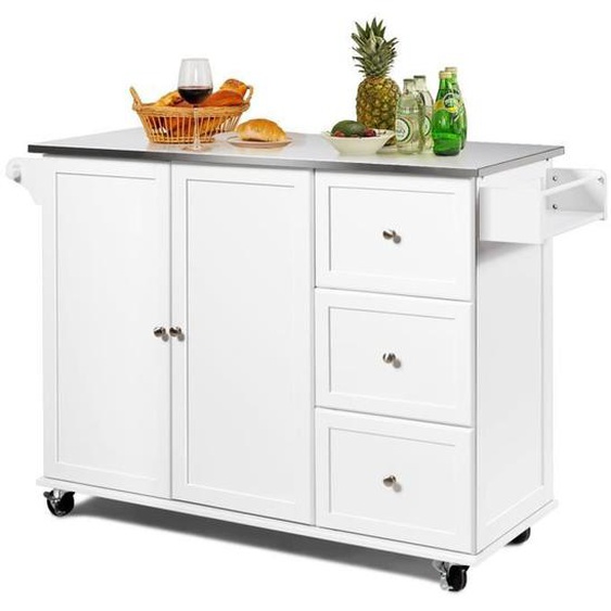 COSTWAY Desserte de Cuisine à Roulettes avec Plateau Acier Inox. îlot Chariot de Cuisine avec 3 Tiroirs, 2 Portes et Porte-épices