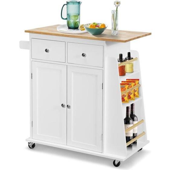COSTWAY Desserte de Cuisine sur Roulettes avec Plateau en Bois dhévéa îlot Chariot de Service avec Porte-épices et Tiroirs Blanc