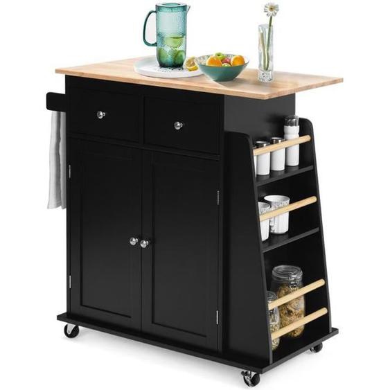 COSTWAY Desserte de Cuisine sur Roulettes avec Plateau en Bois dhévéa îlot Chariot de Service avec Porte-épices et Tiroirs Noir
