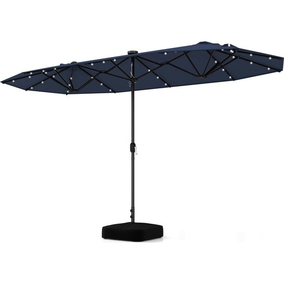 COSTWAY Double parasol 400x200cm avec manivelle, support & LEDs, Grand parasol XXL, UPF 50+, Parasol de terrasse Parasol de marché bleu marine