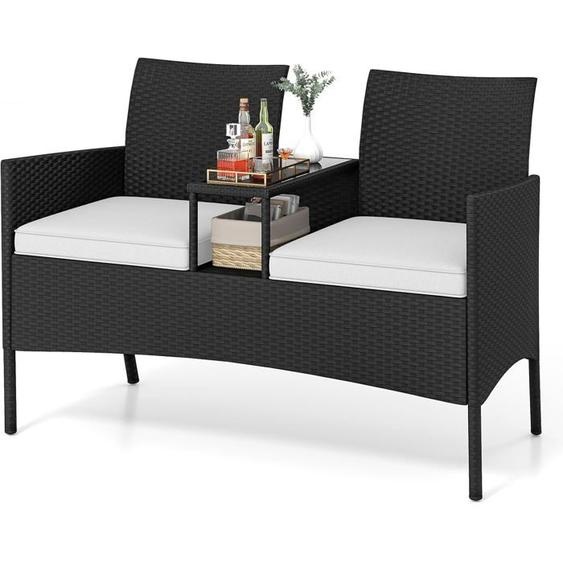 COSTWAY Ensemble 3 pcs Table Intégrée et Chaises de Jardin en Rotin PE 2 Places Coussins Doux et Plateau en Verre Trempé Blanc