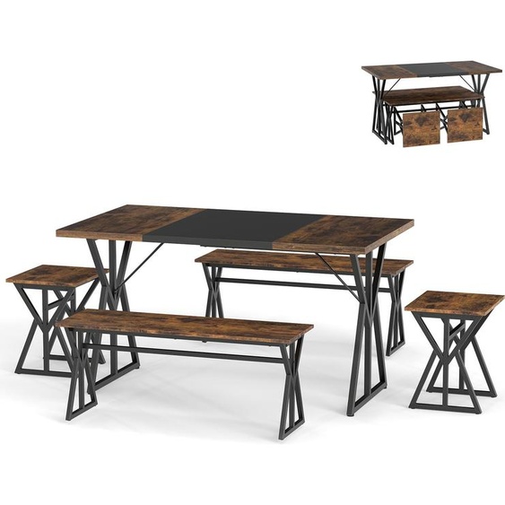COSTWAY Ensemble de 5 tables de salle à manger pour 4-6 personnes, table de salle à manger rectangulaire avec 2 bancs&2 chaises, table de salle à manger industrielle, table de cuisine cadre métallique