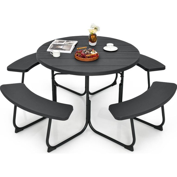 COSTWAY Ensemble de sièges pour 8 personnes, meubles de jardin Table de pique-nique avec trou pour parapluie, 4 bancs & table de jardin ronde avec plateau de table HDPE Noir