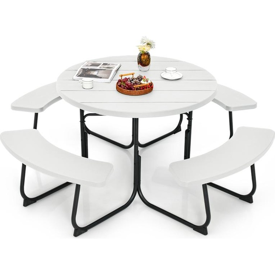 COSTWAY Ensemble de sièges pour 8 personnes, salon de jardin Table de pique-nique avec trou pour parapluie, 4 bancs & table de jardin ronde avec plateau de table HDPE Blanc