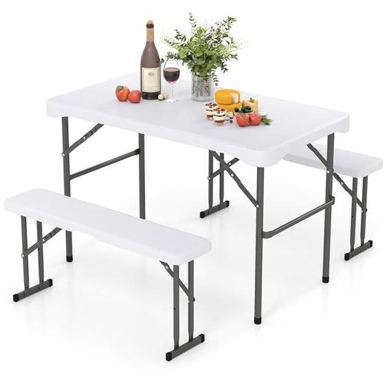 COSTWAY Ensemble de table de bière pliable 3 pièces, ensemble de table de bière avec 2 bancs de bière & 1 table de bière, petit ensemble de banc de bière, 108cm ensemble de meubles de jardin