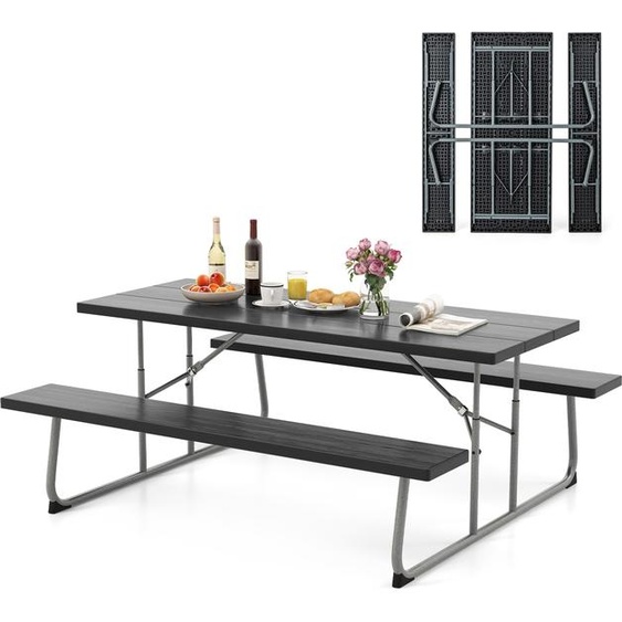 COSTWAY Ensemble de table de brasserie pliable, 183cm Ensemble de table de brasserie avec plateau de table HDPE, trou de parapluie & cadre métallique, Ensemble de siège, noir