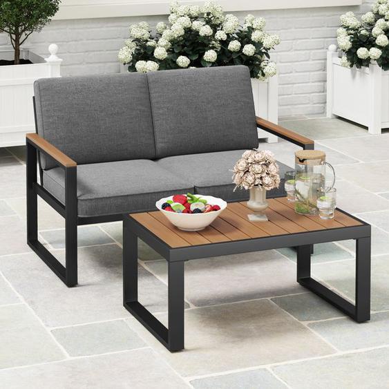 COSTWAY Ensemble de Table de Jardin et Causeuse Plateau en Bois-Plastique Accoudoirs Trous de Parasol pour Patio Piscine Balcon