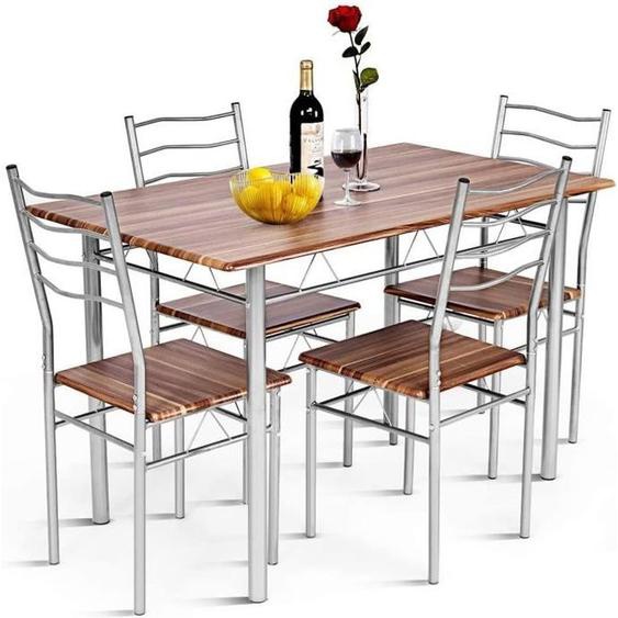 COSTWAY Ensemble de Table de Salle à Manger 4 Chaises Châssis Métal Contemporain, pour Cuisine Salon, Montage (Noyer Clair)