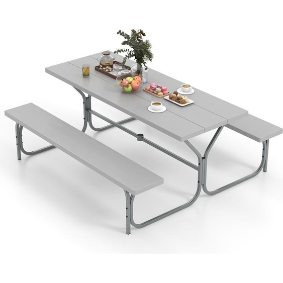 COSTWAY Ensemble de tente à bière 183cm pour 6-8 personnes, ensemble de sièges avec 2 bancs, plateau de table HDPE résistant aux intempéries & trou pour parasol, table de bière Gris