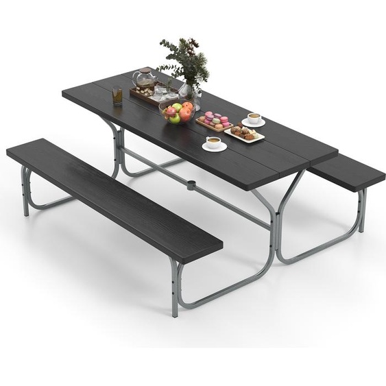 COSTWAY Ensemble de tente à bière 183cm pour 6-8 personnes, ensemble de sièges avec 2 bancs, plateau de table HDPE résistant aux intempéries & trou pour parasol, table de bière noire