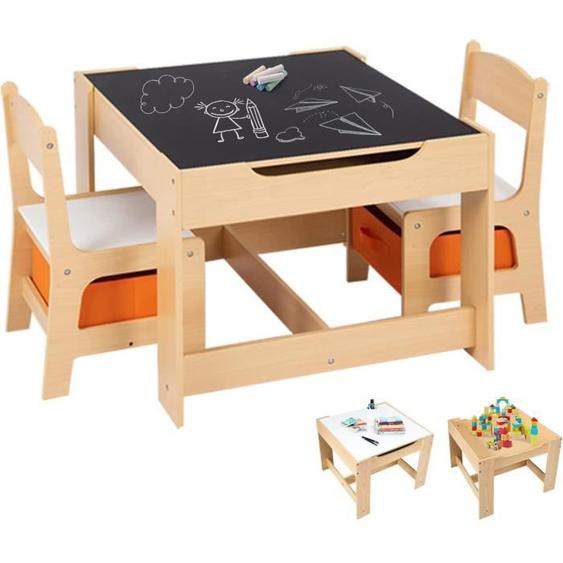COSTWAY Ensemble Table et 2 Chaises pour Enfants, 2 Face (Noir et Blanc), 2 Boîtes de Rangement, pour Dessin,Manger, Etudier, Jouer
