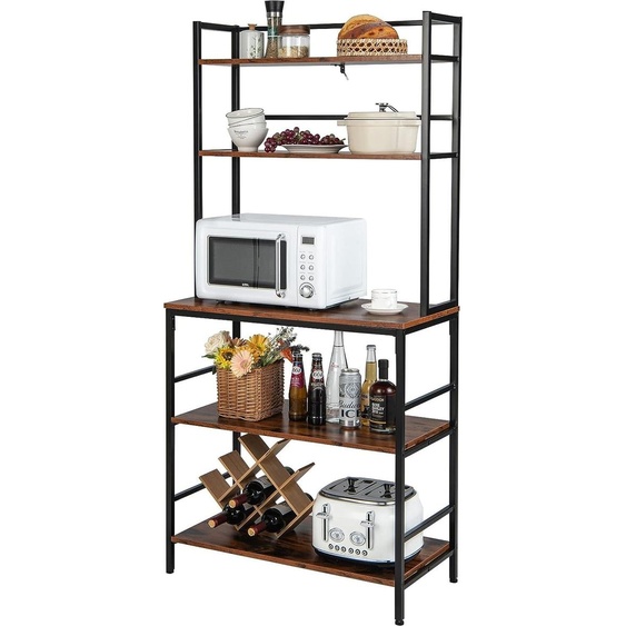 COSTWAY Étagère de cuisine à 5 niveaux, Étagère de cuisine sur pied avec rehausse, Étagère pour micro-ondes avec étagères ouvertes, dispositif anti-basculement, Étagère de stockage de cuisine indépendante pour salon, balcon, brun rustique
