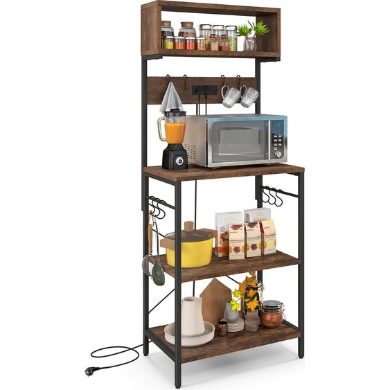 COSTWAY Étagère de cuisine avec prise électrique, Étagère sur pied avec étagères ouvertes & 10 crochets de suspension, Étagère pour micro-ondes industrielle avec cadre en acier 60 x 42 x 153 cm