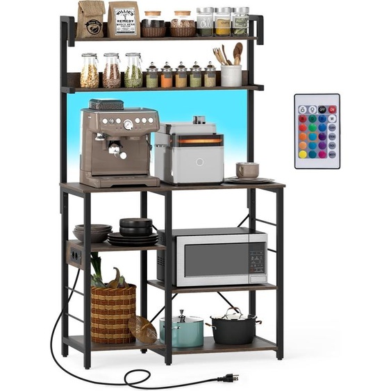 COSTWAY Étagère de cuisine, Étagère sur pied avec éclairage LED, prises & étagères, Étagère micro-ondes, Étagère boulangerie, Étagère de rangement vinta brun, 90x40,5x147cm