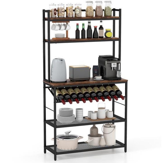 COSTWAY Etagère de cuisine verticale avec porte-bouteilles jusquà 10 bouteilles, plan de travail & 5 étagères, étagère sur pied jusquà 125kg