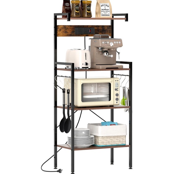COSTWAY Étagère de pâtisserie avec prises électriques, support pour micro-ondes à 4 niveaux avec 8 crochets en forme de S, station de bar à café Marron rustique