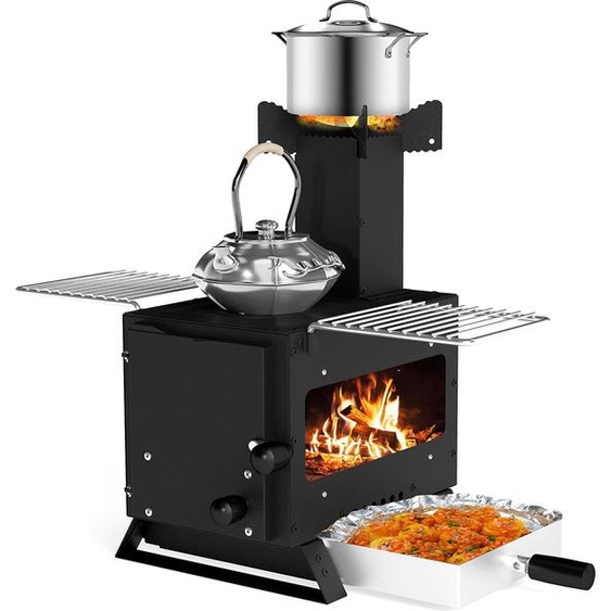 COSTWAY Four de jardin pour cuisiner, Four de camping avec support pour casseroles, poêle, 2 grils & fenêtre, Four à bois, Four de tente portable 54x36x44cm