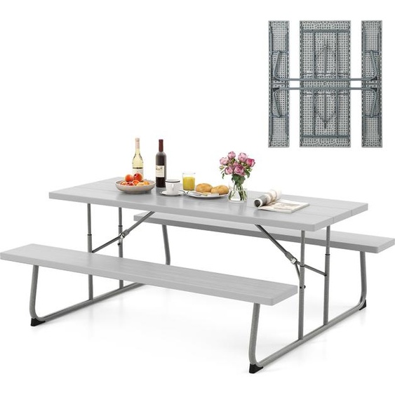 COSTWAY Garniture de table de brasserie pliante, 183cm Garniture de table de brasserie avec plateau de table HDPE, trou de parapluie & cadre métallique, Garniture de siège en imitation bois