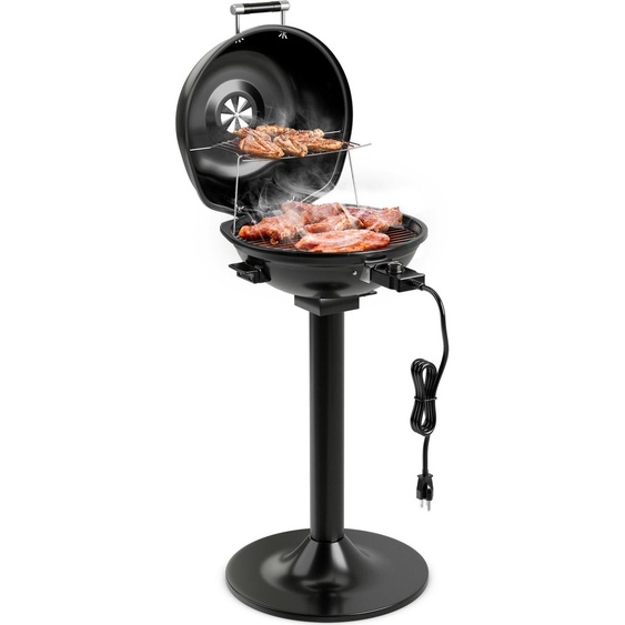 COSTWAY Gril électrique 1600W indépendant, Gril sur pied avec plaque de cuisson 2 zones, Gril BBQ électrique 93°C-219°C avec pied & revêtement antiadhésif
