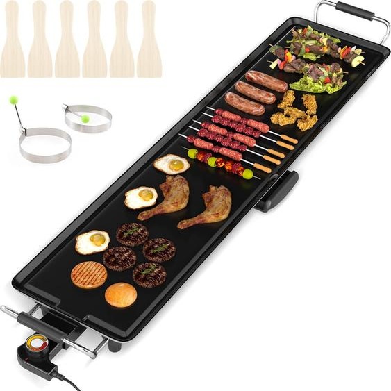 COSTWAY Gril Teppanyaki 1800W, Gril électrique Plaque de gril, Gril de table antiadhésif avec température réglable, thermostat & bac de récupération des graisses 90cm