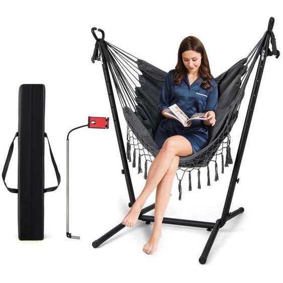 COSTWAY Hamac sur Pied avec Support en Métal et Porte-Téléphone Charge 250KG Hamac de Jardin avec Oreiller et Poche Latérale Gris