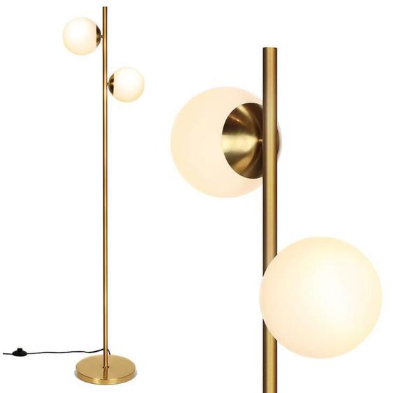 COSTWAY Lampadaire Salon-2 Abat-jours Globes en Verre Dépoli avec Ampoules LED 2*6W-Interrupteur au Pied-Poteau Dorée-Chambre,Bureau
