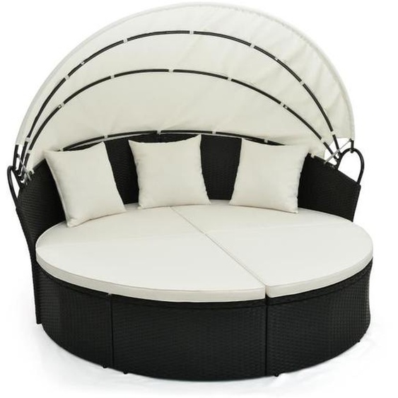 COSTWAY Lit Canapé de Jardin Rond en Rotin PE -Auvent Rétractable, Coussins et Oreillers Amovibles -Salon de Jardin Modulable -Blanc