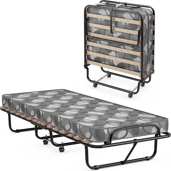 COSTWAY Lit dappoint 80x190cm avec matelas en mousse à mémoire de forme, lit simple pliable sur roulettes, lit métallique pliable Lit pliant pouvant supporter jusquà 130kg Gris