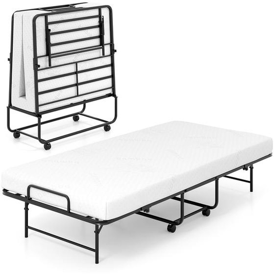 COSTWAY Lit dappoint 90x190cm avec matelas, lit simple pliable, lit métallique stable jusquà 220kg, Lit portable pliable Lit pliant sur roulettes Blanc