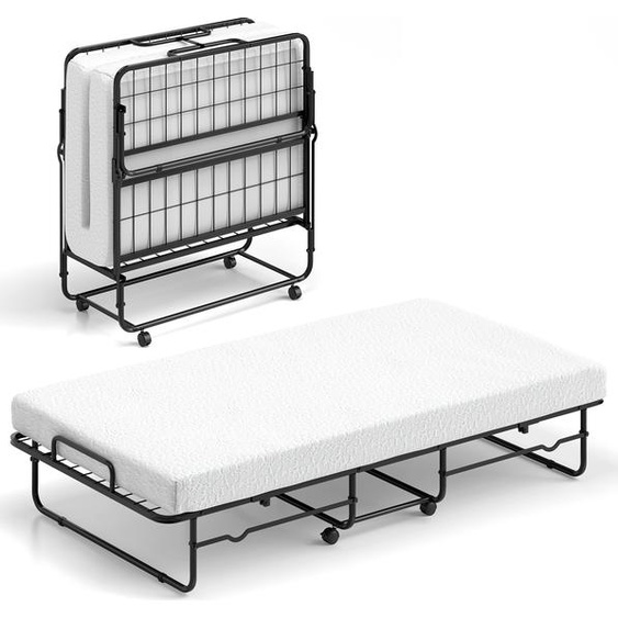 COSTWAY Lit dappoint 90x190cm pliable, lit pliant jusquà 220kg avec matelas en mousse de 10cm dépaisseur, sommier métallique, lit pliant avec roulettes & cadre métallique