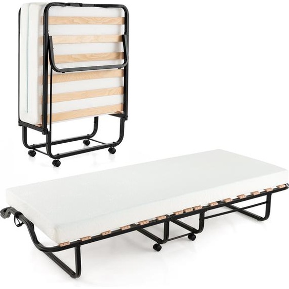 COSTWAY Lit dappoint pliable 80x200 cm, Lit pliant avec matelas en mousse de 10 cm dépaisseur, Lit pliant avec roulettes & cadre métallique stable pouvant supporter jusquà 220kg