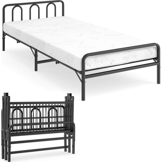 COSTWAY Lit pliant 90x200, Lit pliable avec matelas de 10cm, Lit simple jusquà 220kg, Lit dappoint Cadre de lit avec mousse à mémoire de forme, tête de lit & cadre métallique blanc