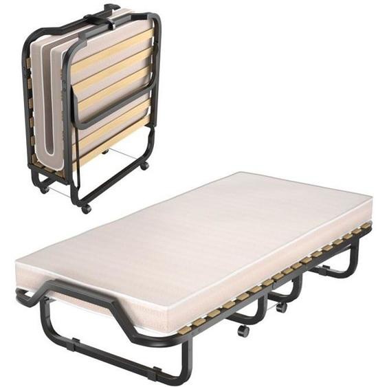 COSTWAY Lit Pliant 1 Personne sur Roulettes 90 x 200 CM, Lit dAppointPliable, Matelas en Mémoire 10 CM, Sommier à 15 Lattes, Beige