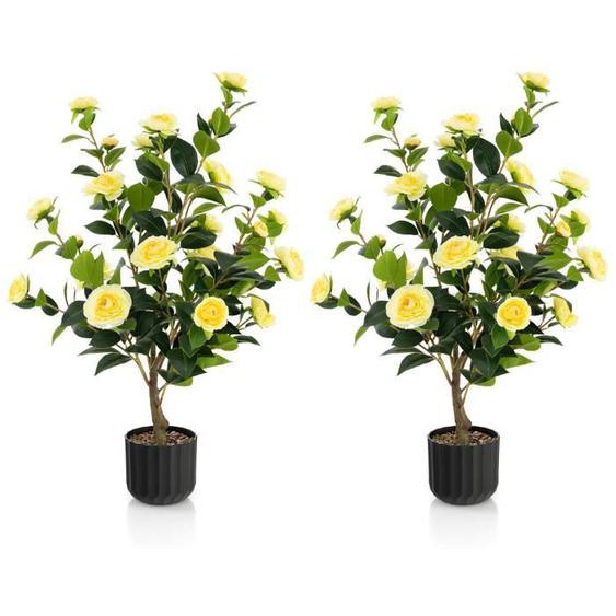 COSTWAY Lot de 2 Camélias Artificiels de 95 cm, Fausse Plante Florale dans Un Pot en Ciment, pour Magasin, Bureau, Maison, Jaune