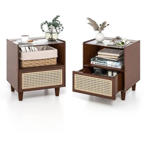 COSTWAY Lot de 2 Table de Chevet en Bambou avec Tiroir, Plateau en Verre, 4 Pieds en Bois Massif, 43 x 35 x 50 cm, Marron