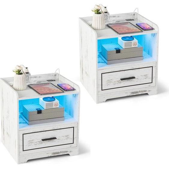 COSTWAY Lot de 2 Table de Chevet LED avec 1 TYPE-C + 1 USB, 3 Couleurs de Lumière, Capteur Intelligent, 45 x 40 x 50 cm, Blanc