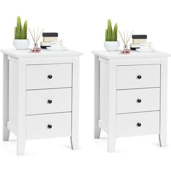COSTWAY Lot de 2 Table de Chevet, Table de Nuit Moderne avec 3 Tiroirs, Pour Salon, Bureau, Chambre, 46 x 37 x 65 cm, Blanc
