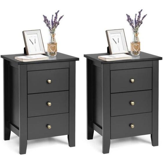 COSTWAY Lot de 2 Table de Nuit, Table de Chevet Moderne avec 3 Tiroirs, Pour Chambre à Coucher, 46 x 37 x 65 CM Noir
