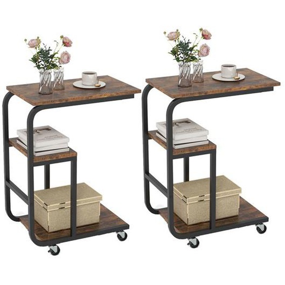 COSTWAY Lot de 2 Tables d’Appoint Roulantes Industrielle en Forme de ‘C’, Etagères Ouvertes, Cadre en Métal, Roulettes