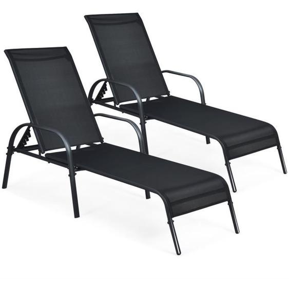COSTWAY Lot de 2 Transats Inclinables, Chaises Longues de Jardin Dossier Réglable 5 Positions en Acier avec Accoudoirs pour Plage